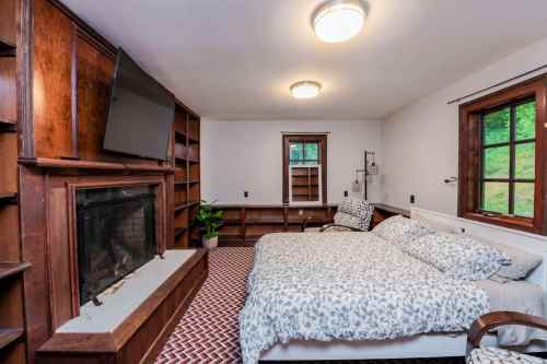 Cozy bedroom with a large bed, wooden shelves, a fireplace, and a TV mounted on the wall. Natural light from windows.