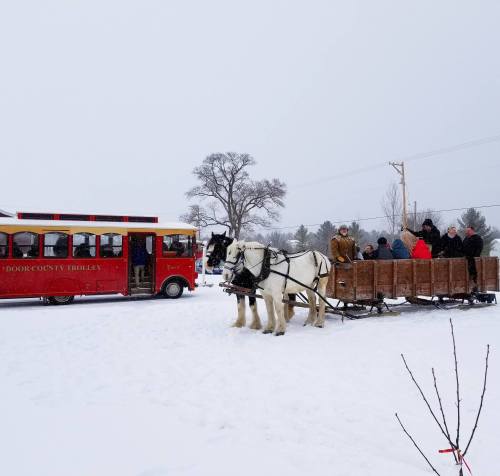 A horse-drawn sleigh waits in the snow near a red trolley, with passengers bundled up for winter.