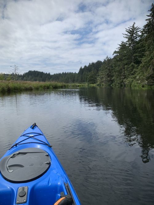 A blue kayak on calm water, surrounded by lush greenery and trees under a partly cloudy sky.
