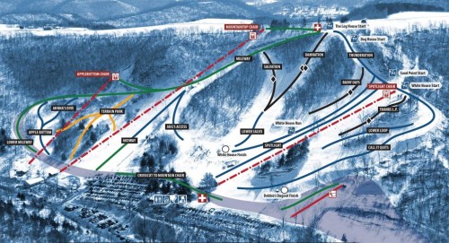 Ski resort trail map showing runs, lifts, and key areas like terrain park and rescue stations.