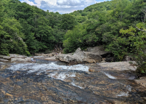 A serene river flows over rocky terrain, surrounded by lush green trees and a cloudy sky in the background.