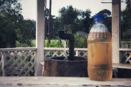 A bottle of brown liquid in focus, with a water fountain and greenery blurred in the background.
