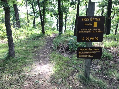 Sign for Rocky Top Trail, indicating a 2-mile loop with an estimated hiking time of 1 hour and 30 minutes. Lush greenery surrounds the path.