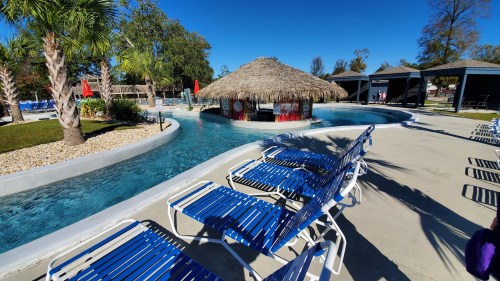 A tropical pool area with a thatched-roof bar, lounge chairs, and palm trees under a clear blue sky.