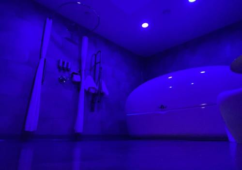 A dimly lit spa room with purple lighting, featuring a large soaking tub and a shower area.