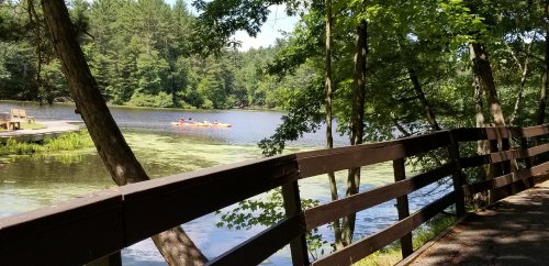 A serene lake scene with kayakers paddling, surrounded by lush greenery and a wooden railing in the foreground.