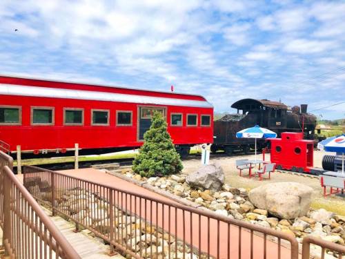 A red train car next to a vintage steam locomotive, surrounded by rocks and a small play train in a scenic outdoor setting.