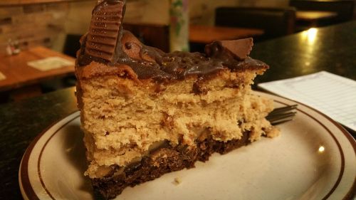 A slice of layered cake with chocolate frosting and a cookie on top, served on a plate.