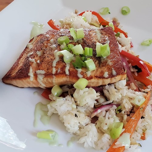 Grilled salmon fillet on a bed of rice and mixed vegetables, topped with green onions and a drizzle of sauce.