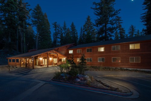 A cozy wooden lodge illuminated at night, surrounded by tall trees and a clear sky.