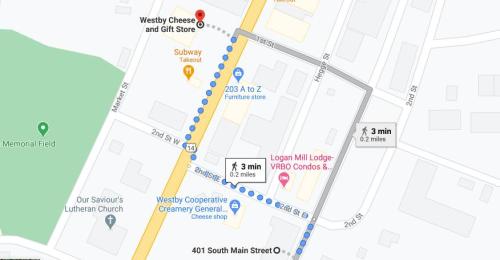 Map showing directions to Westby Cheese and Gift Store, with nearby landmarks and distances indicated.