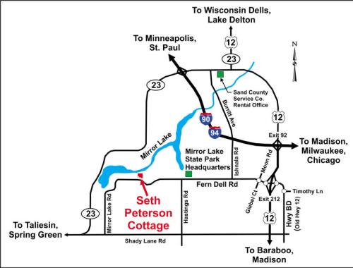 Map showing routes to Seth Peterson Cottage near Mirror Lake, with nearby towns and highways labeled.