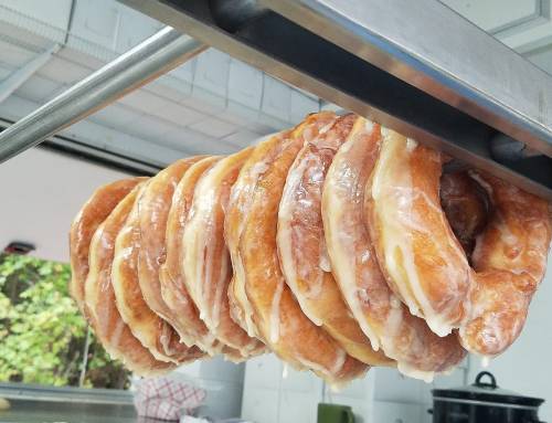 A row of glazed donuts hanging on a rack, showcasing their shiny, sweet surface.