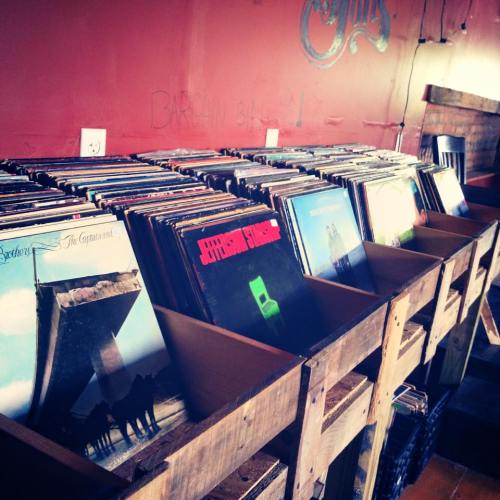 A wooden display filled with various vinyl records in a cozy, rustic setting.
