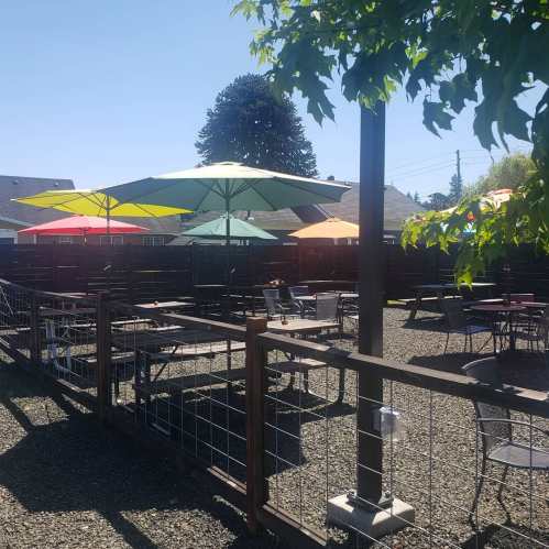 Outdoor seating area with colorful umbrellas, gravel ground, and wooden fencing under a clear blue sky.
