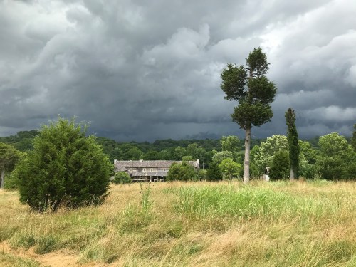 A stormy sky looms over a grassy field with trees and a distant building surrounded by lush greenery.