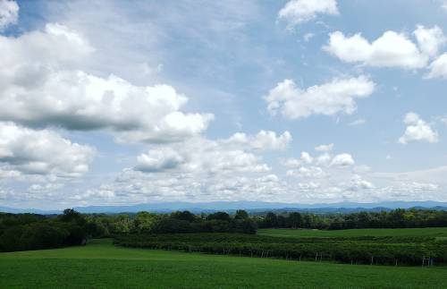 A scenic view of rolling green fields and mountains under a partly cloudy sky.
