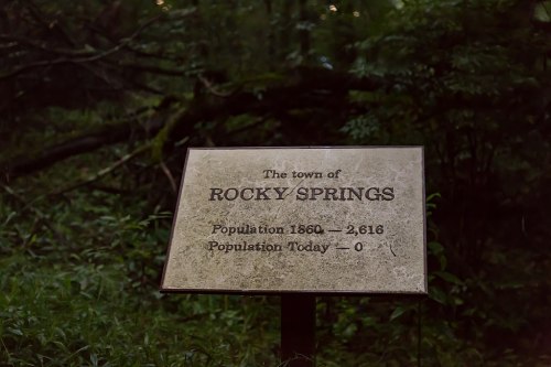 Sign reading "The town of Rocky Springs" with population details, surrounded by dense greenery.