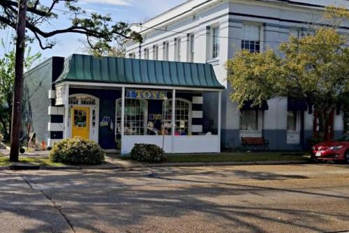 A colorful toy store with a green awning, located on a quiet street with trees and parked cars nearby.