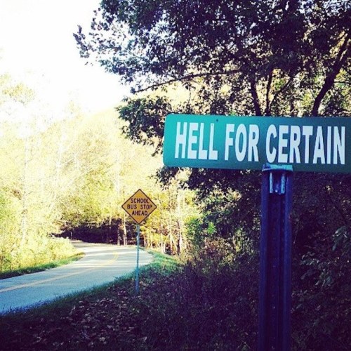 A road sign reading "HELL FOR CERTAIN" next to a school bus stop sign, surrounded by trees and a winding road.