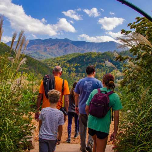A group of people hiking on a trail with mountains and colorful trees in the background under a blue sky.