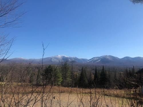 A clear blue sky over a mountain range, with snow-capped peaks and trees in the foreground.