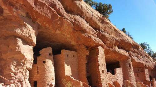 Ancient stone ruins built into a cliffside, surrounded by trees and a clear blue sky.