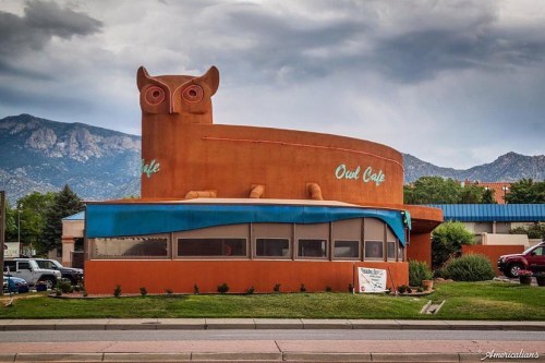 A whimsical building shaped like an owl, housing the Owl Cafe, with mountains in the background and cars parked nearby.