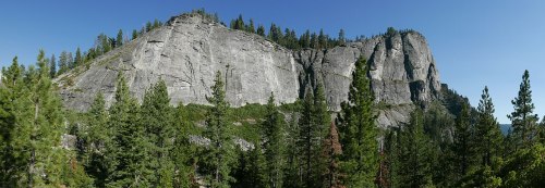 A panoramic view of a rocky cliff surrounded by tall green trees under a clear blue sky.