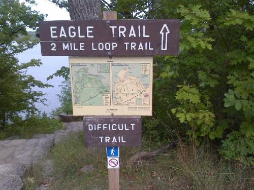 Signpost for Eagle Trail, featuring a map and indicating a 2-mile loop trail with a "Difficult Trail" warning.