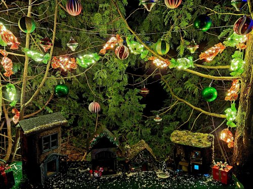 A whimsical scene of miniature houses and colorful ornaments strung among trees, illuminated in a nighttime setting.