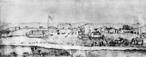 A historical sketch of a small town with buildings, people, and animals, set against a mountainous backdrop.