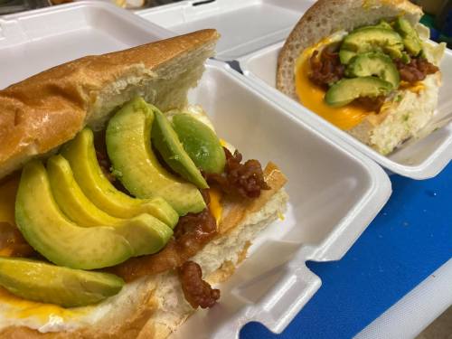 Two sandwiches in takeout containers, featuring bacon, melted cheese, and slices of avocado on soft bread.