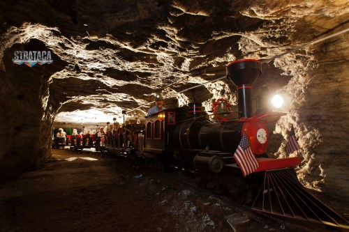 A miniature train inside a cave, with passengers and rock formations illuminated by soft lighting.