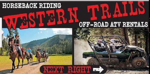Image promoting outdoor activities: horseback riding and off-road ATV rentals, with directional sign for "Next Right."