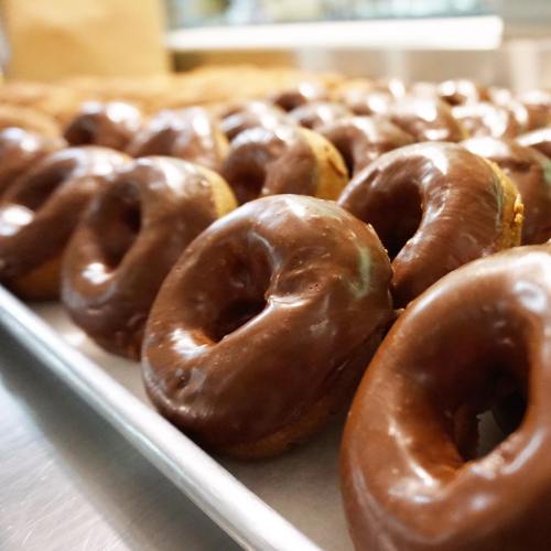 A close-up of freshly glazed chocolate donuts arranged on a tray.