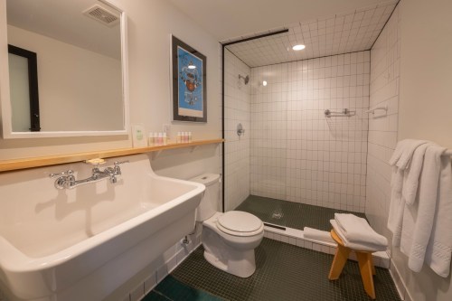 Modern bathroom featuring a walk-in shower, sink, toilet, and wooden accents. Bright and clean design.