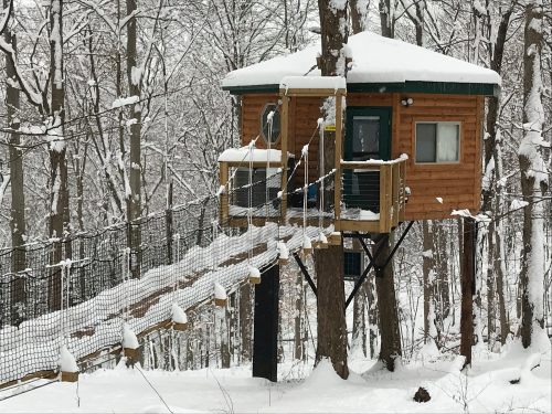 A cozy treehouse in a snowy forest, connected by a wooden bridge and surrounded by snow-covered trees.