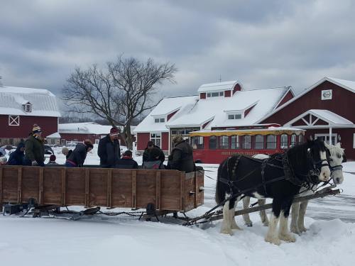 A horse-drawn sleigh with passengers in a snowy landscape near red barns and a trolley.