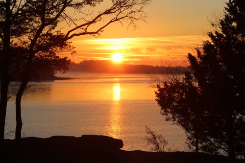 A serene sunset over a calm lake, with silhouettes of trees framing the scene and golden reflections on the water.