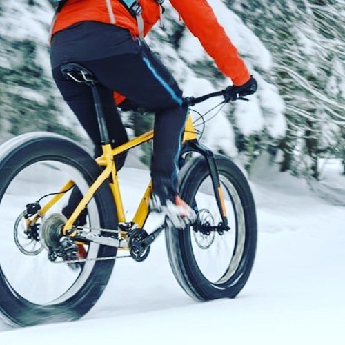 A cyclist in a red jacket rides a yellow fat bike through a snowy landscape.