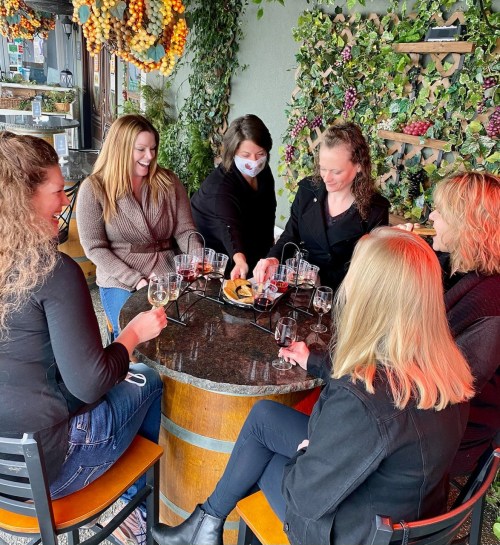 A group of six women seated around a table, enjoying wine and snacks in a cozy, vine-decorated setting.