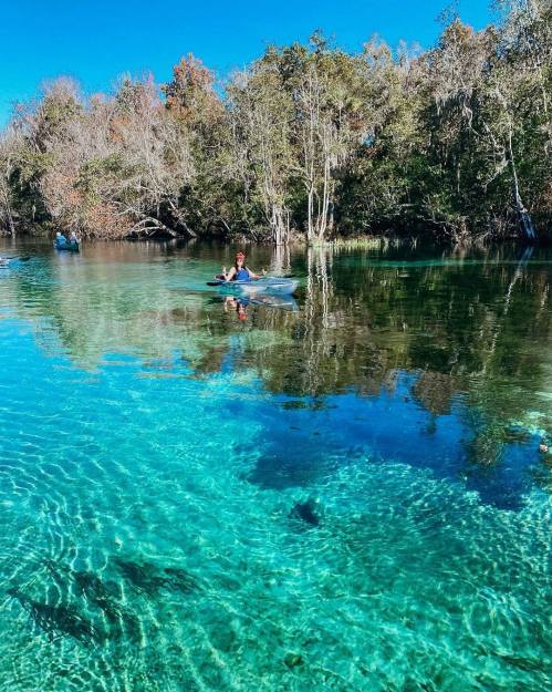 A person kayaking in clear blue water surrounded by trees and reflections of the landscape.