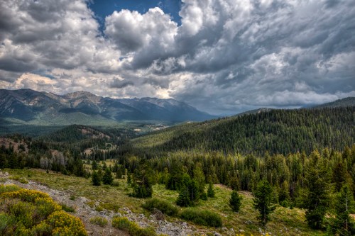 A panoramic view of mountains and dense forests under a dramatic, cloudy sky.