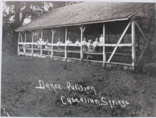 Black and white photo of a group of people leaning on a railing of a dance pavilion at Casterian Springs.