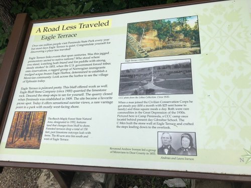 Sign about Eagle Terrace at Peninsula State Park, detailing its history and significance with images of the area.