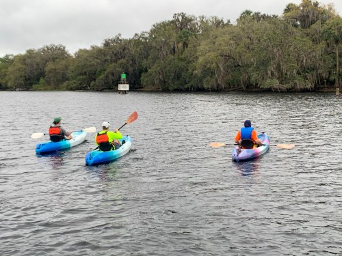 Three kayakers paddle on a calm river surrounded by lush greenery under a cloudy sky.