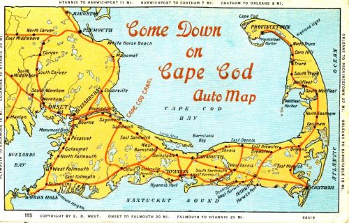 Map of Cape Cod highlighting routes and towns, with "Come Down on Cape Cod" text at the top.
