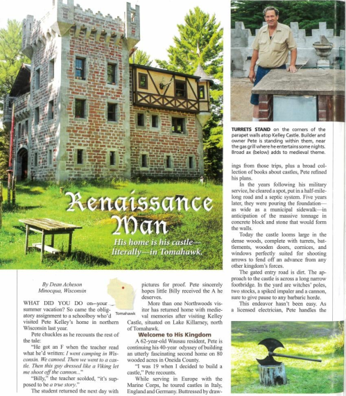 A stone castle in a green landscape, with a man standing nearby, showcasing a blend of history and personal passion.