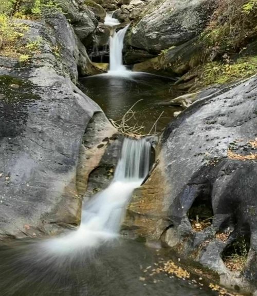 A serene waterfall cascading over smooth rocks, surrounded by lush greenery and autumn leaves.